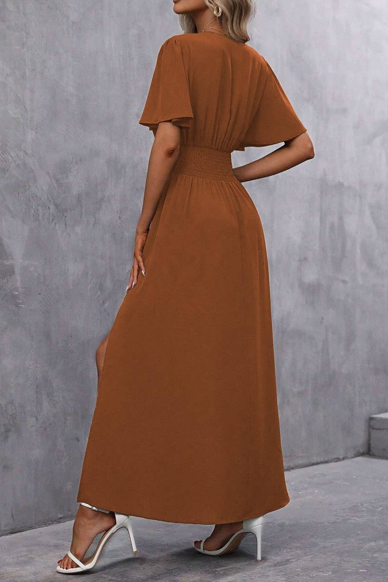 CWDMD4647_SOLID COLOR FLYING SLEEVES HIGH SLIT DRESS