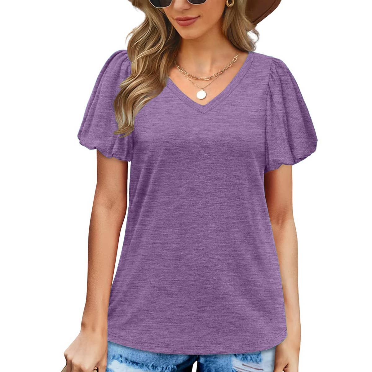 V-NECK LANTERN SLEEVE SOLID SHORT-SLEEVED TOP