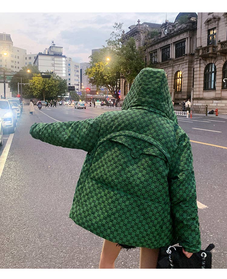 Stand-up collar short plaid hooded padded jacket