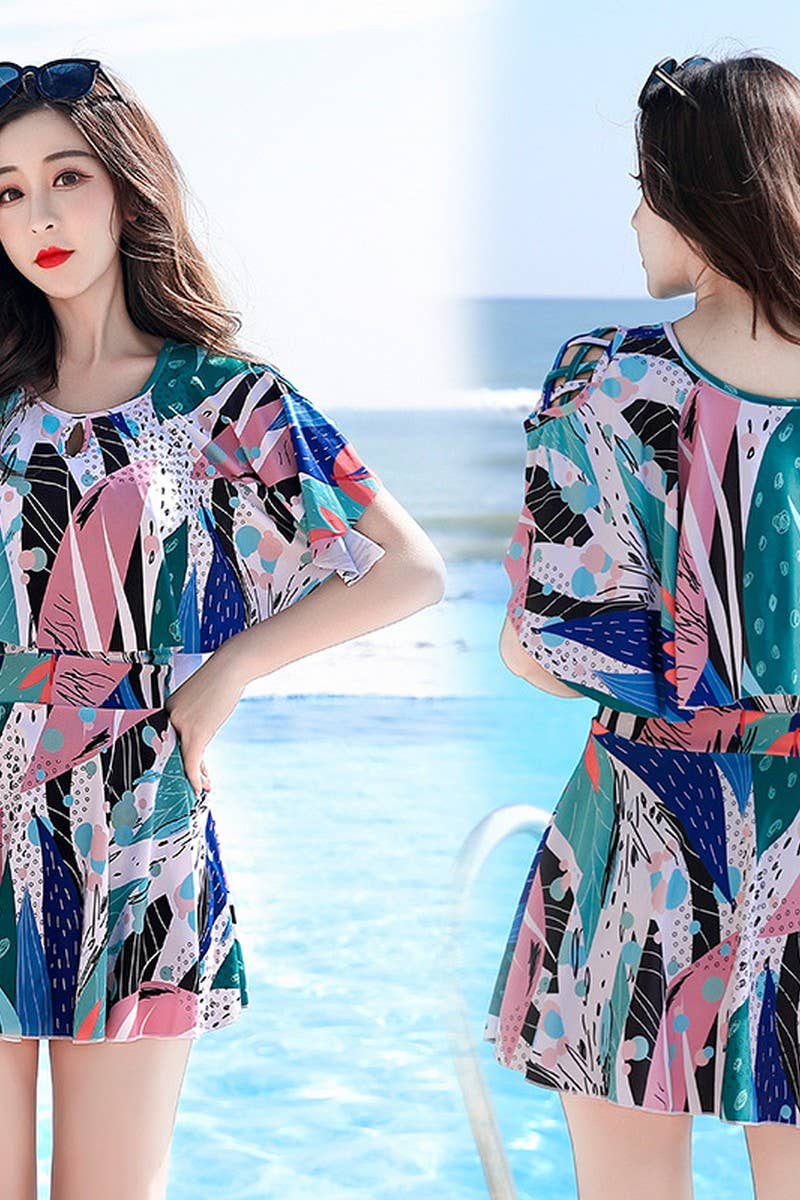 CWMW0864_PRINTED SHORT-SLEEVED SLIM-FIT SWIMSUIT DRESS