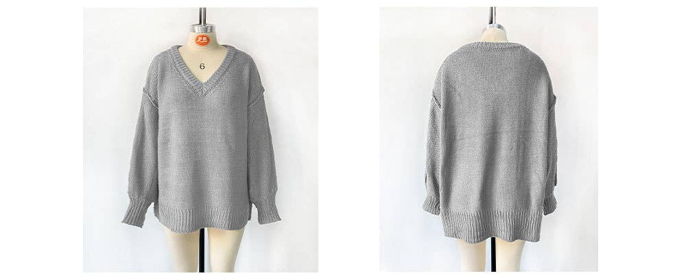 V-neck loose solid color long-sleeved sweater