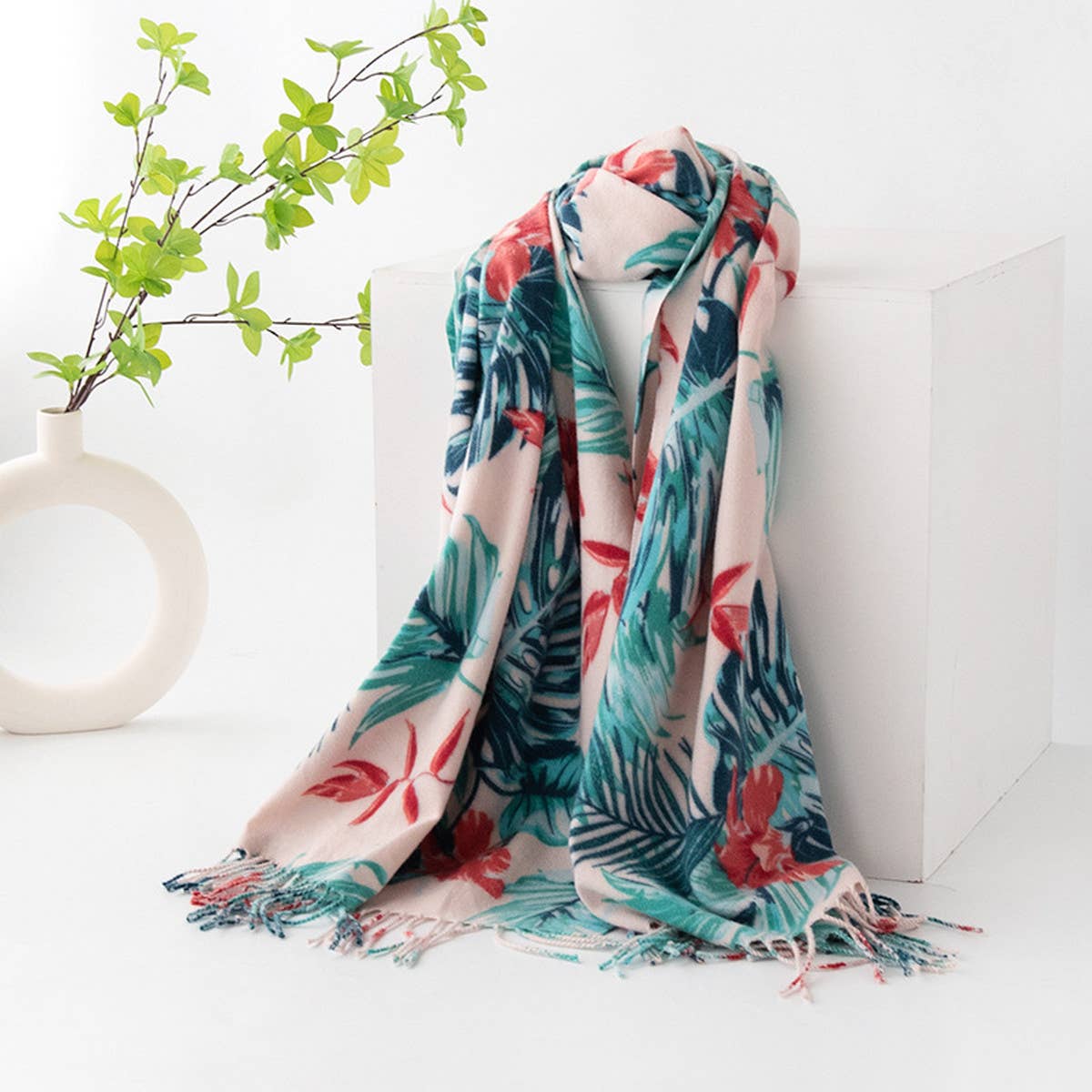 Leaf Print Tassel Scarf ??Soft Faux Cashmere Wrap_CWASC0915