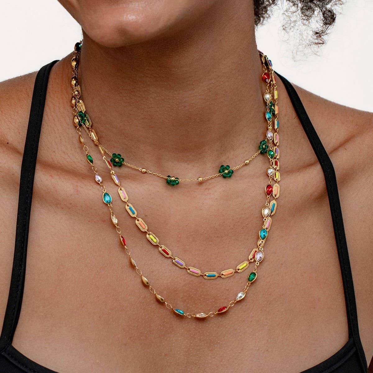 COLORFUL BEADED NATURAL STONE THREE-LAYER NECKLACE