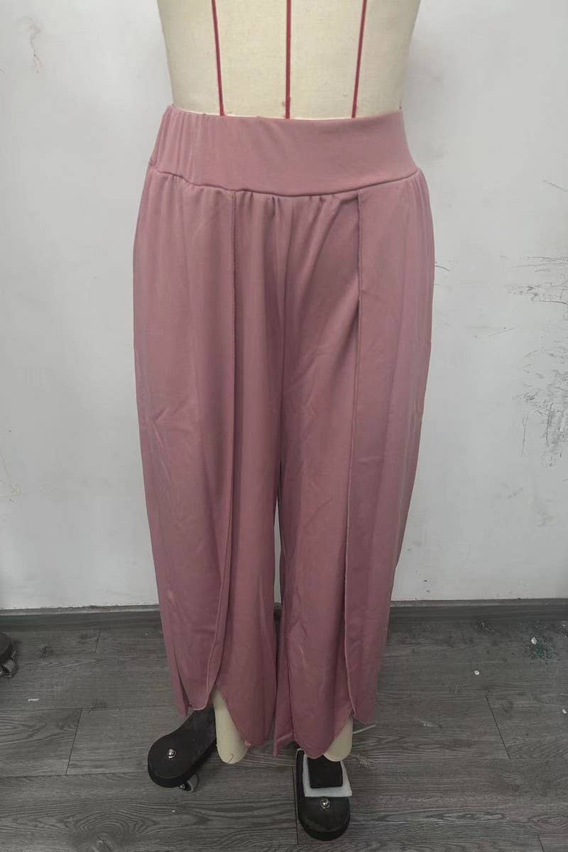 CWBLP1490_SOLID COLOR LOOSE HIGH WAIST HIGH SLIT TROUSERS