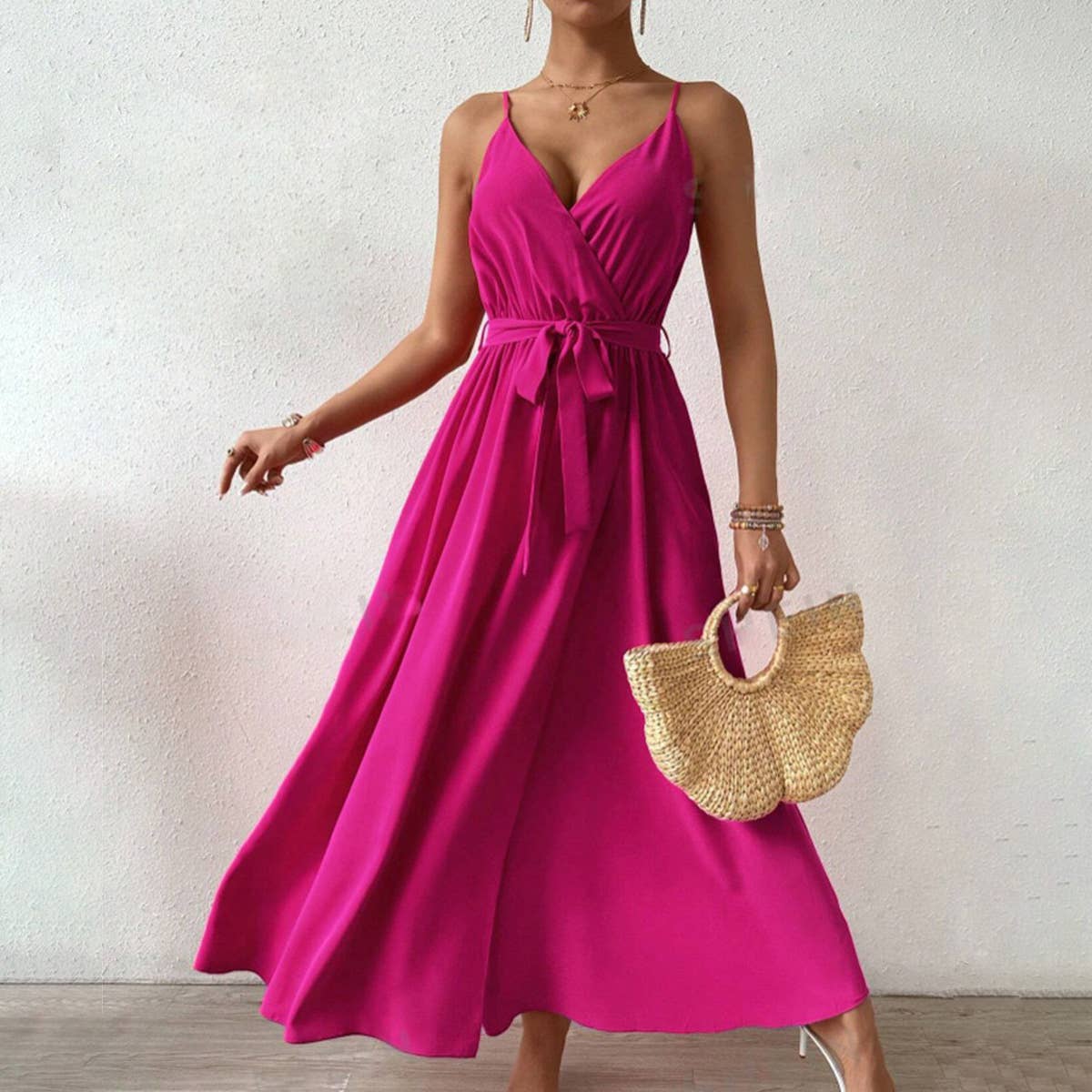 Solid color pleated halter dress drawstring waist