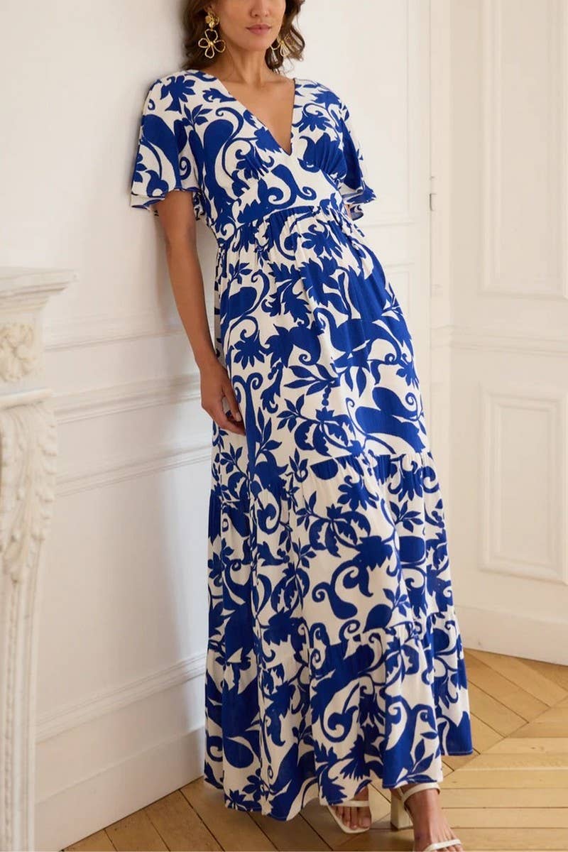 CWDMD6478_ELEGANT FLORAL V-NECK SHORT SLEEVE MAXI DRESS