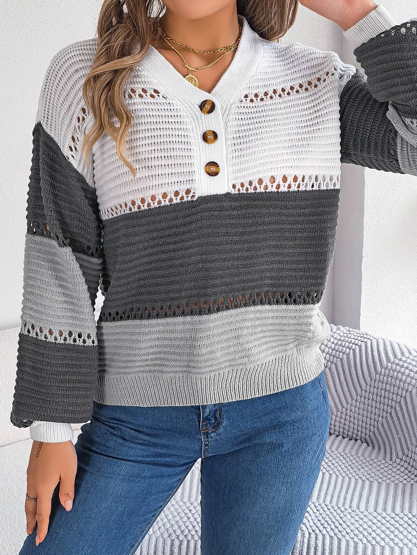 V-neck color-blocked lantern sleeve sweater