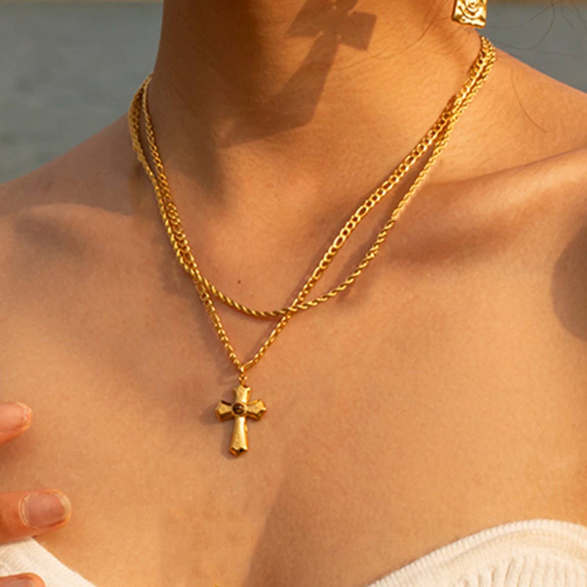 FRENCH PLEATED GOLD CROSS DOUBLE NECKLACE