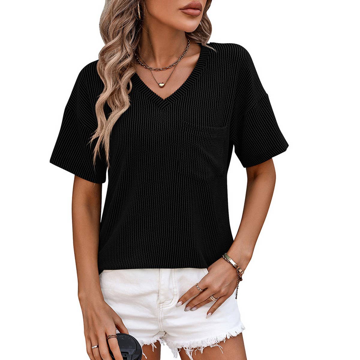 V-neck twist strip short sleeve loose T-shirt