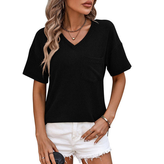 V-neck twist strip short sleeve loose T-shirt
