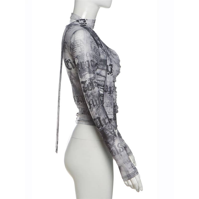 FASHION SLIM-FIT NEWSPAPER PRINT SEE-THROUGH TOP