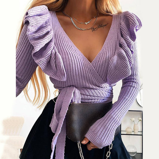 LACE-UP SLIM-FIT SOLID COLOR V-NECK TOP
