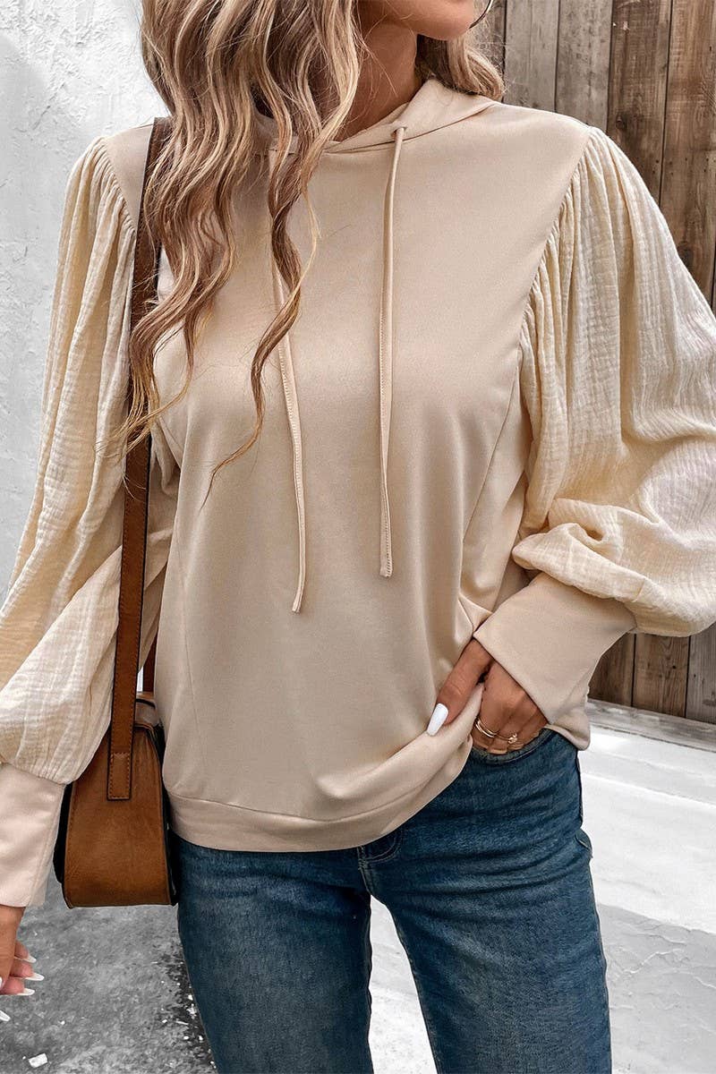 CWOHOL0684_SOLID PUFF SLEEVE HOODED SWEATSHIRT