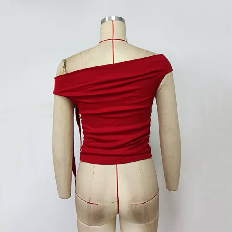 Slim Fit Red Off Shoulder Tie Front Tee