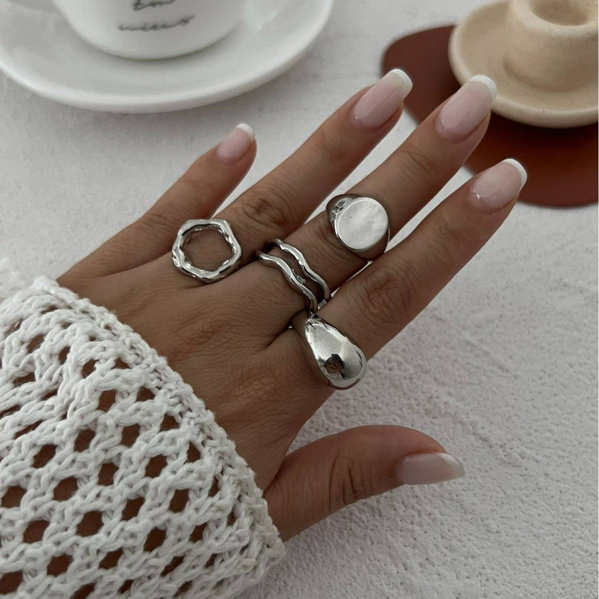 NICHE TEXTURED GLOSSY GEOMETRIC OPEN RING SET_CWMM3235
