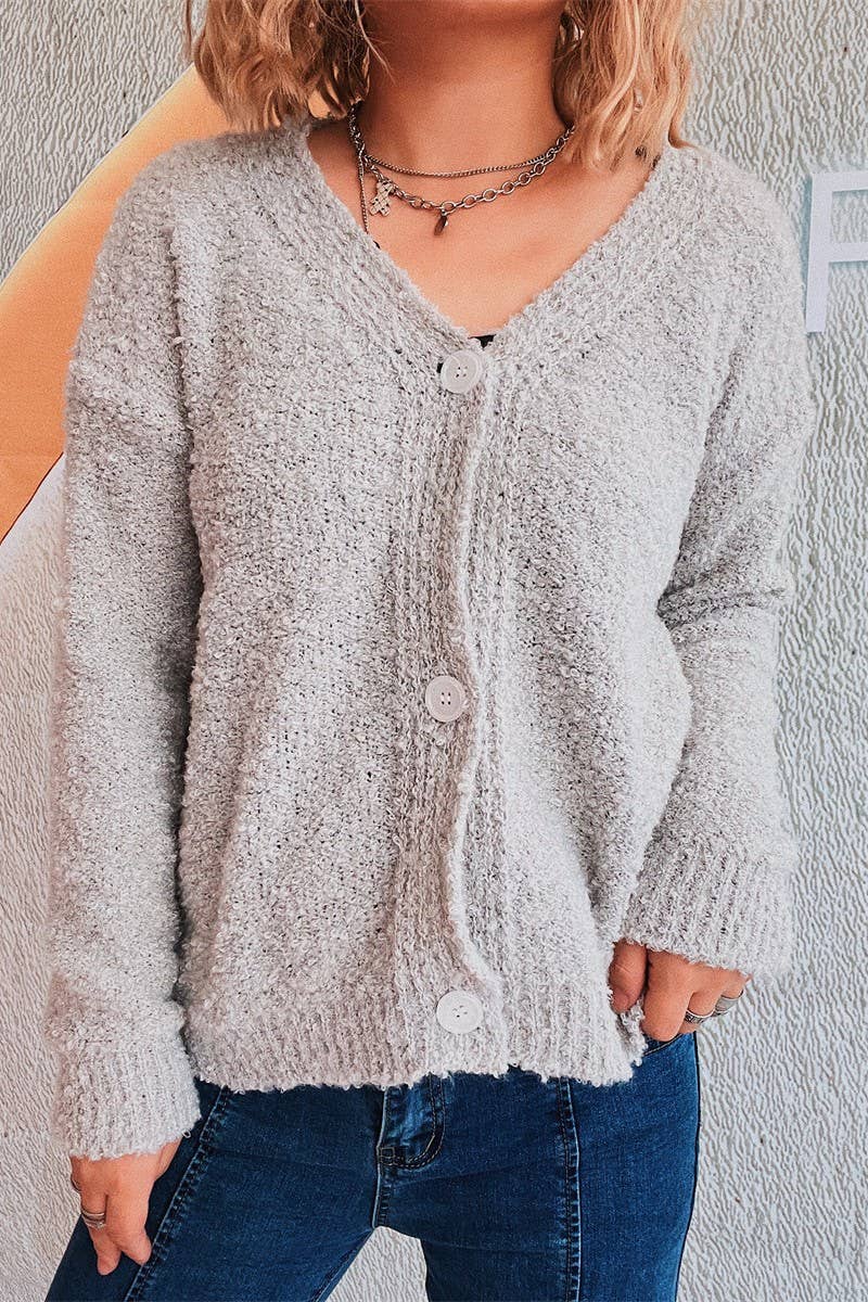 Solid color V-neck seersucker knit cardigan