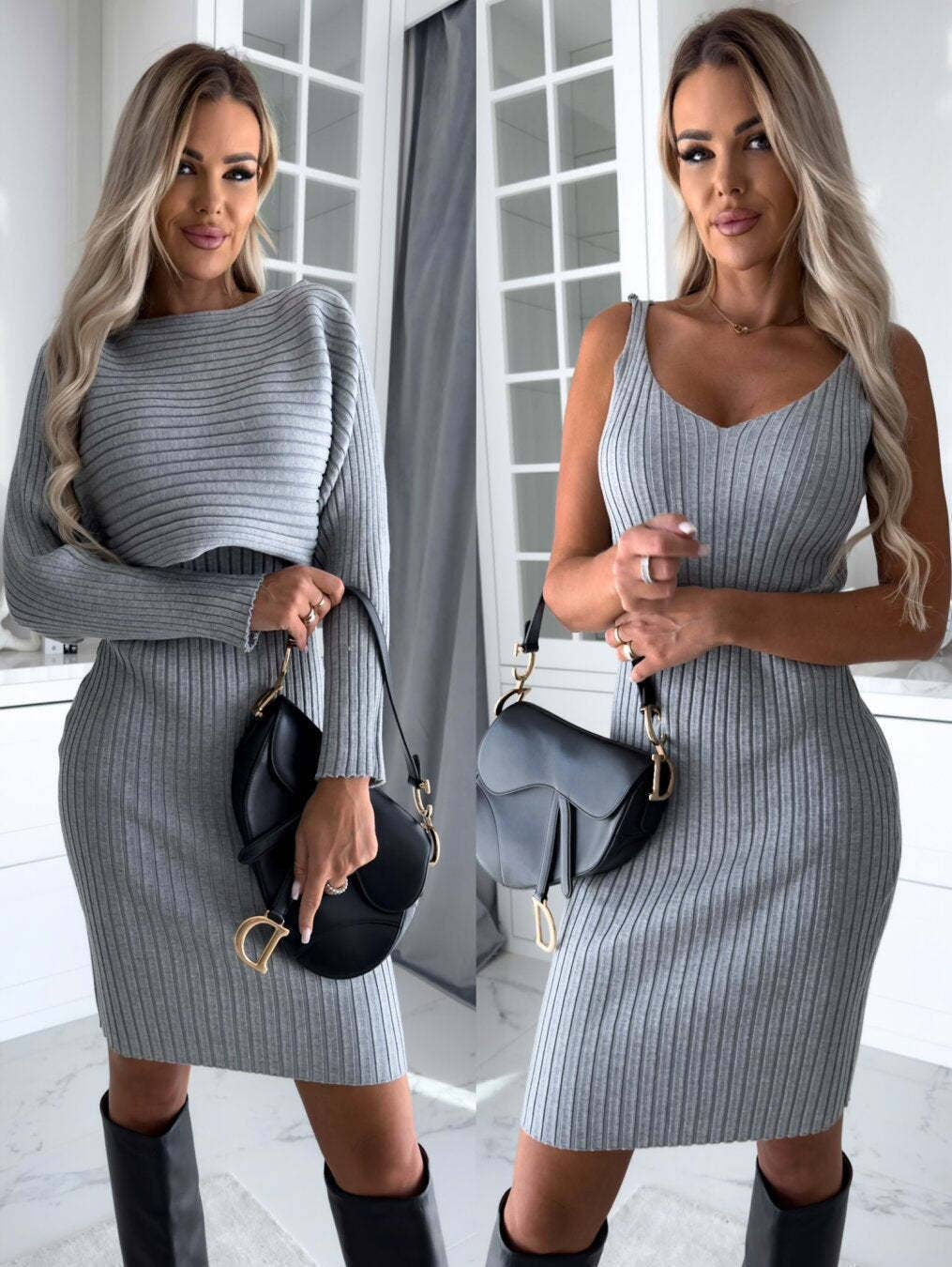 PIT STRIP LONG SLEEVE TOP SLIP SKIRT TWO-PIECE SET