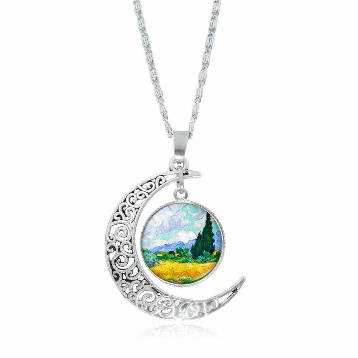 HOLLOW OUT MOON GEM PENDANT NECKLACE