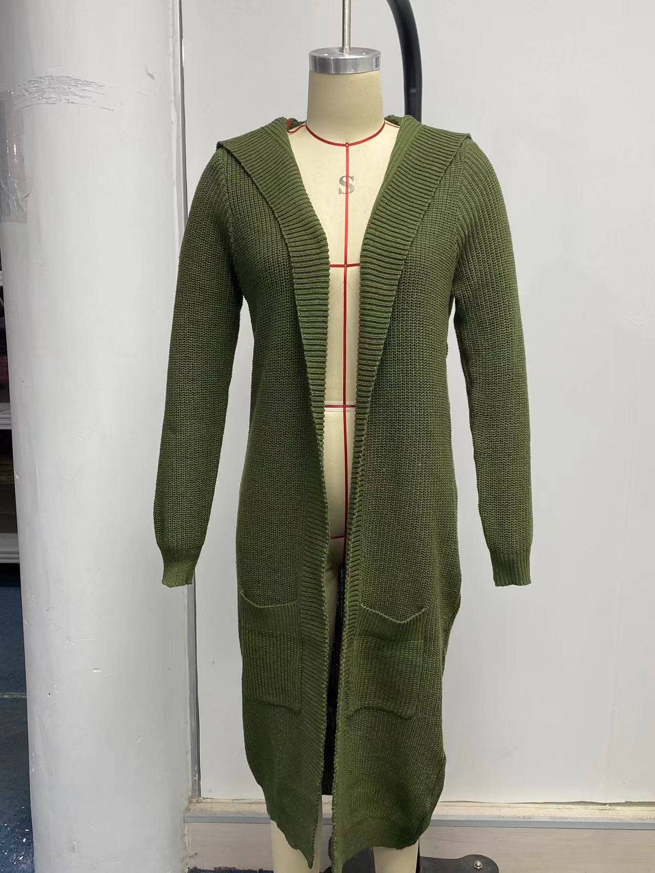 Solid-color hooded long knitted coat