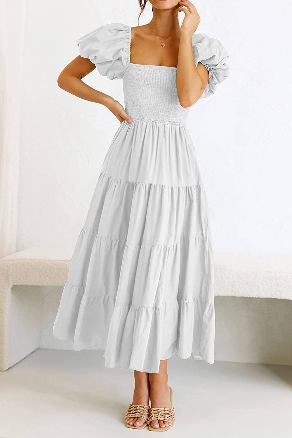 Square neck backless puffy sleeve pleated dress