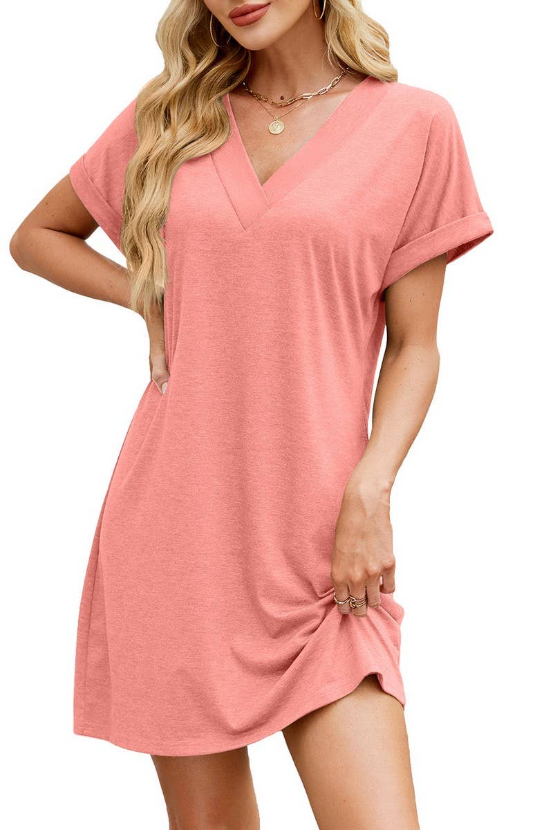 CWDSD7434_SPRING AND SUMMER V-NECK LOOSE SHORT SLEEVED DRESS