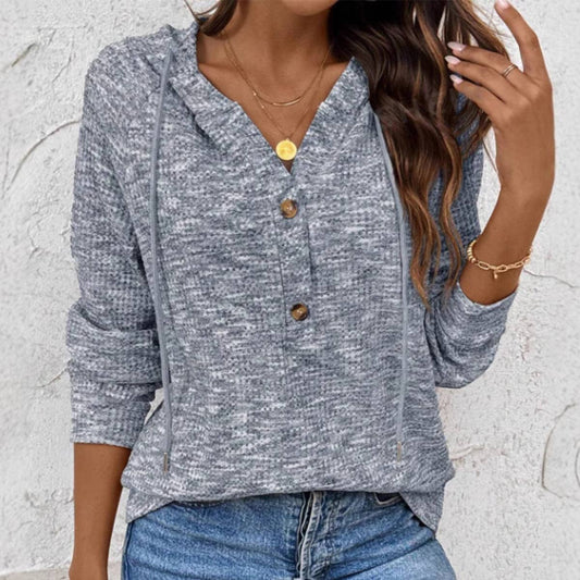 WAFFLE BUTTON-UP HOODIE LOOSE LONG-SLEEVED HOODIE