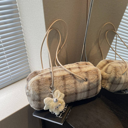WINTER CASUAL WOOLEN PLAID SHOULDER PLUSH BAG_CWAB3941