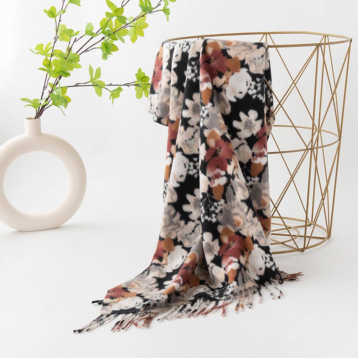 Floral Faux Cashmere Scarf??Soft Warm Tassel Shawl