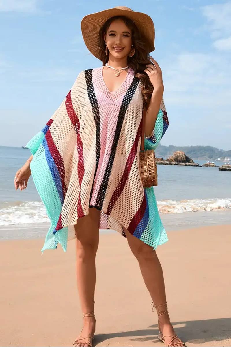 CWDSD7357_SPLICED   HOLLOW BEACH DRESS LOOSE BIKINI COVER UP