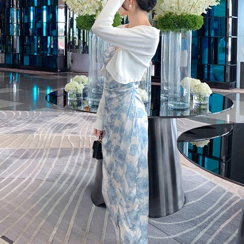 Printed slit sleeveless halter dress