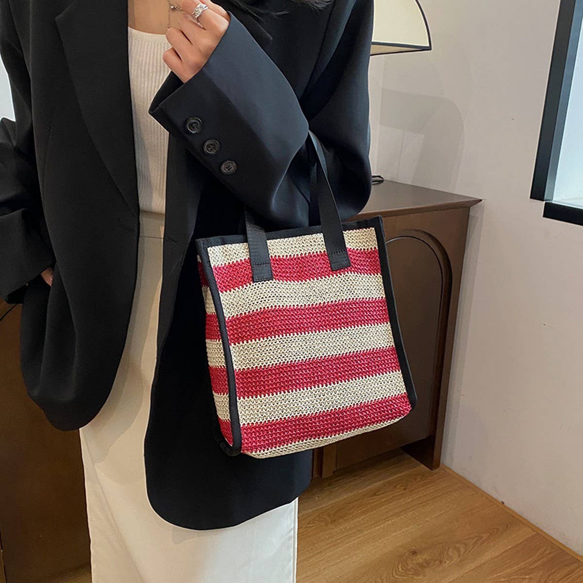 NEW STRAW SIMPLE HAND-HELD BROWN COSMETIC BAG_CWAB4454