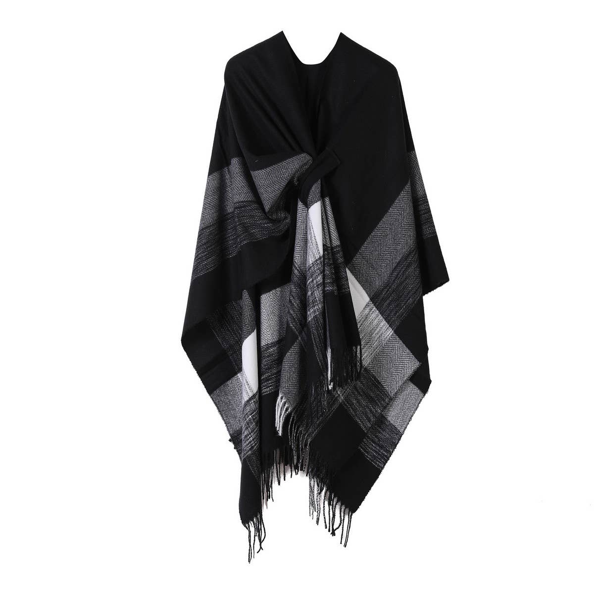 FRINGED CAPE FIXED TIE SHAWL FAUX CASHMERE SCARF