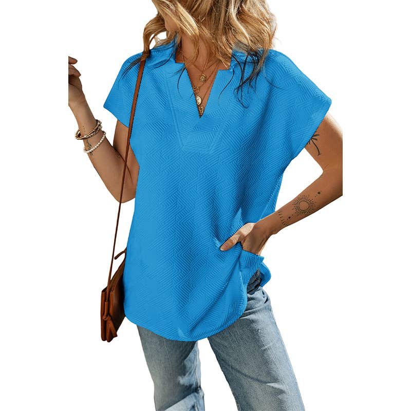 Solid-color V-neck slit short-sleeved T-shirt