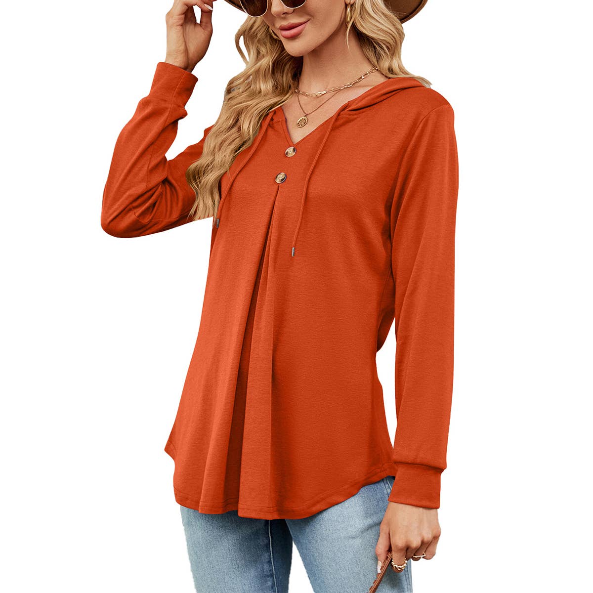 V-NECK BUTTON-UP HOODIE LOOSE LONG-SLEEVED HOODIE