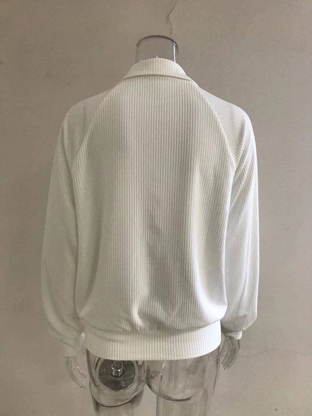 STRIPED LAPEL SOLID COLOR KNIT ZIPPER CARDIGAN