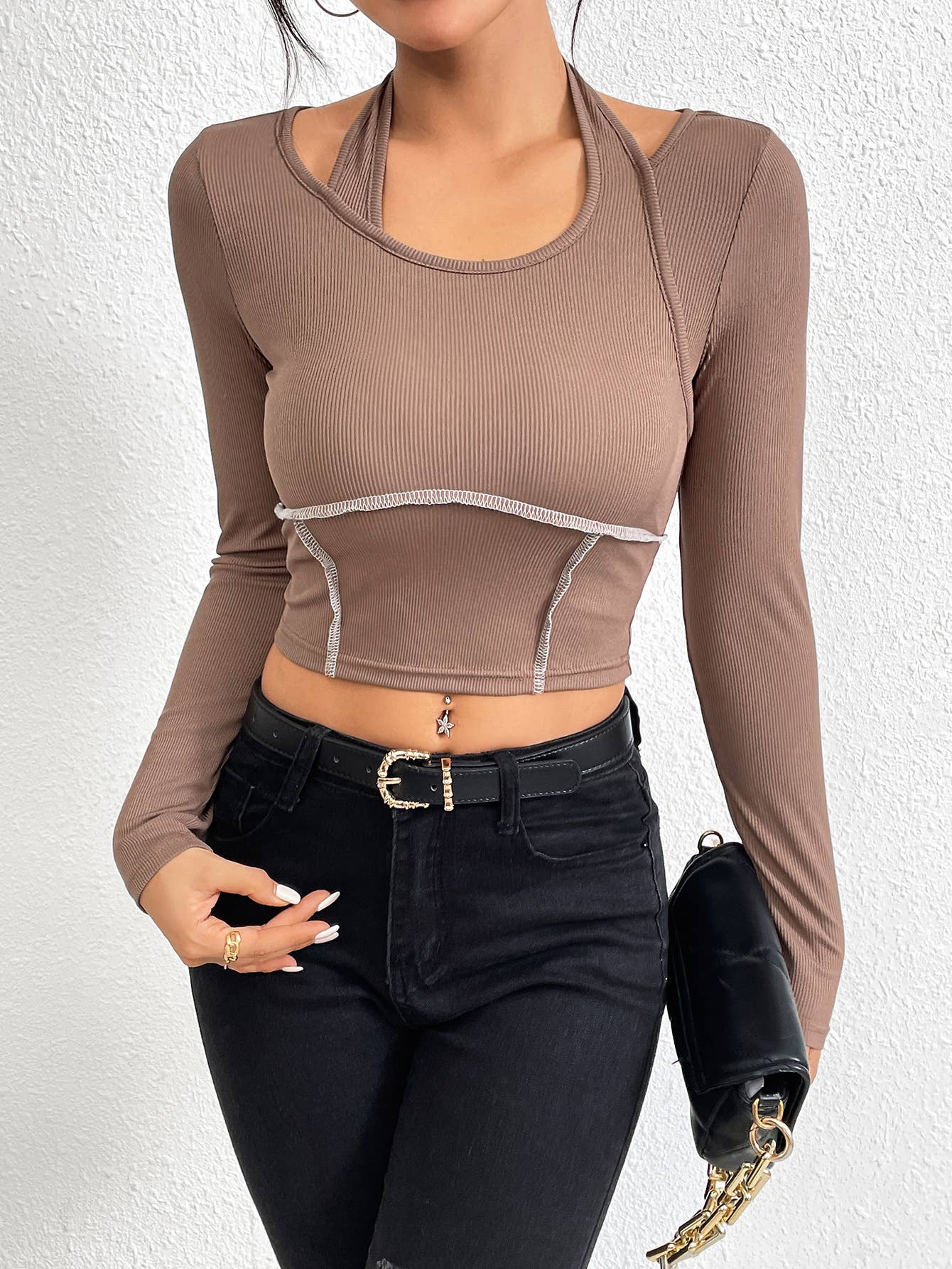 SLIM KNIT LONG-SLEEVED HALTER T-SHIRT