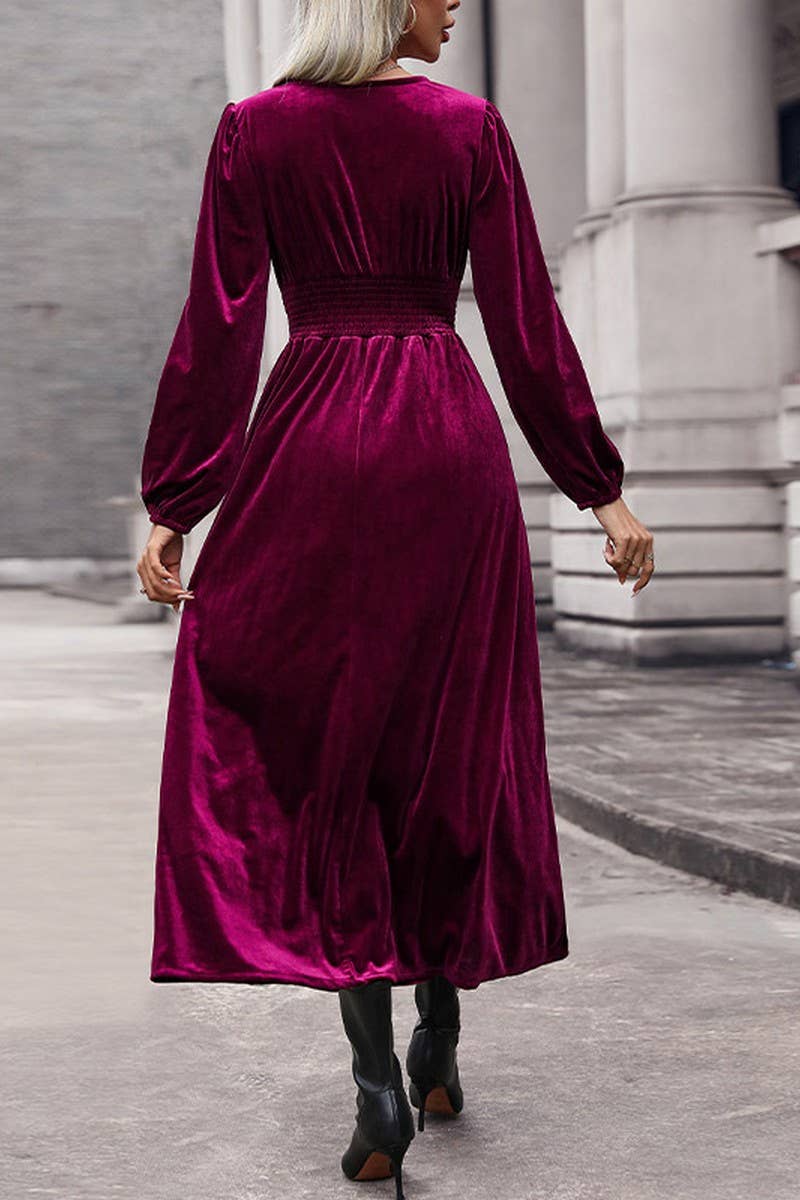 CWDMD4815_SOLID COLOR HIGH-GRADE VELVET LONG-SLEEVED DRESS