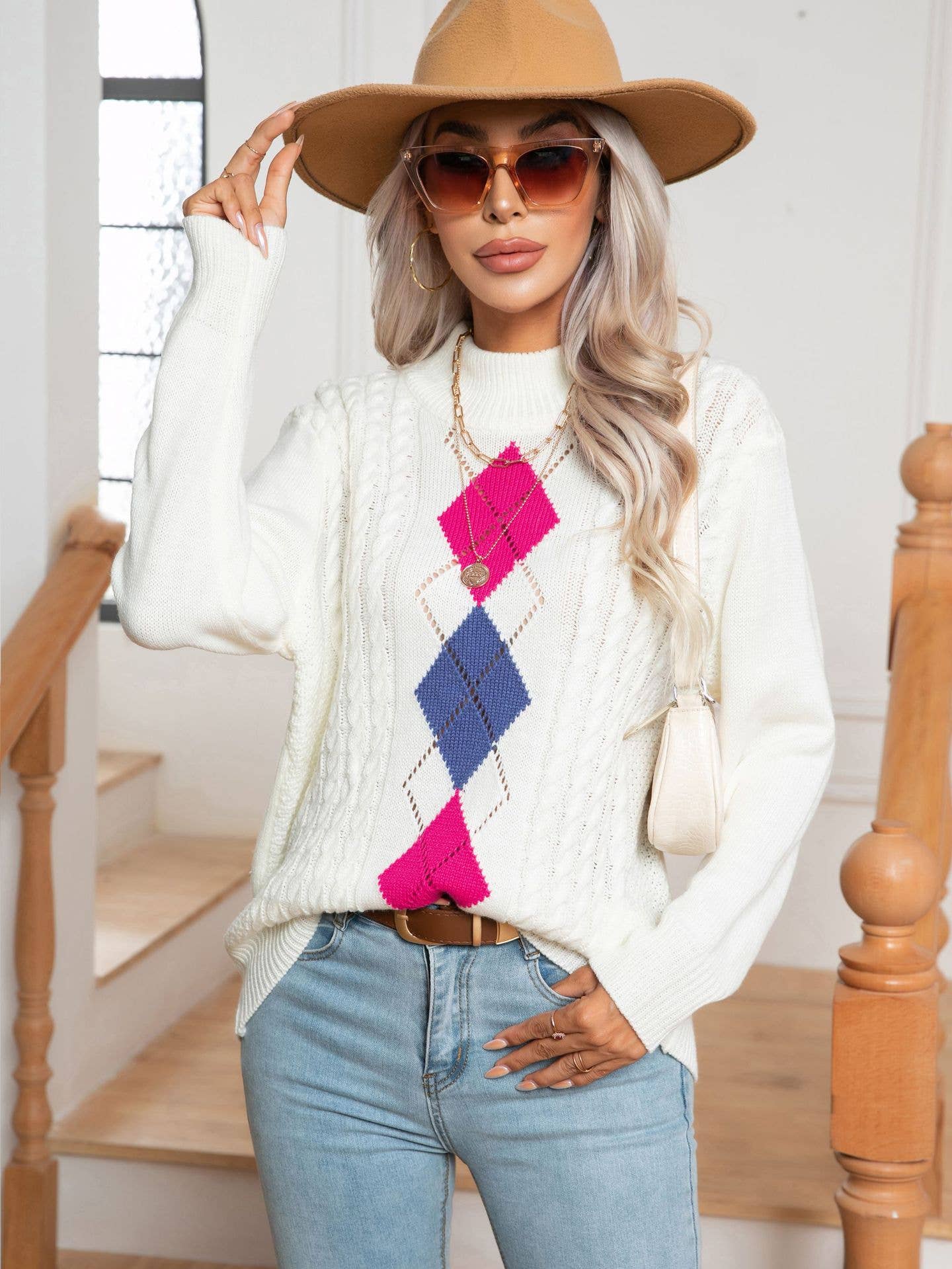Hollow diamond check long-sleeved knit sweater