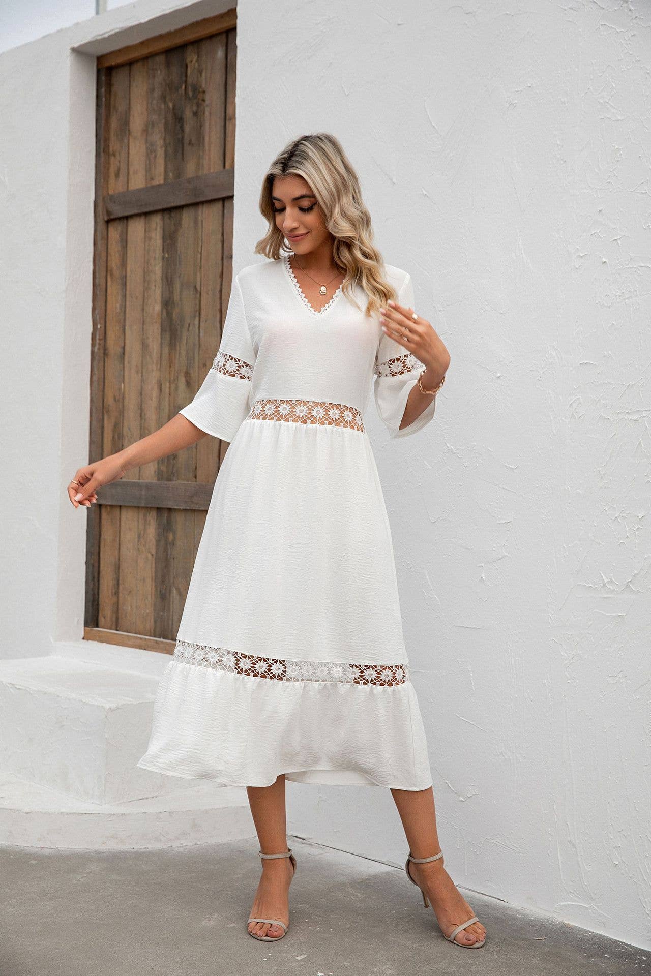 V-NECK CUTOUT LACE PATCHWORK MID-WAIST DRESS