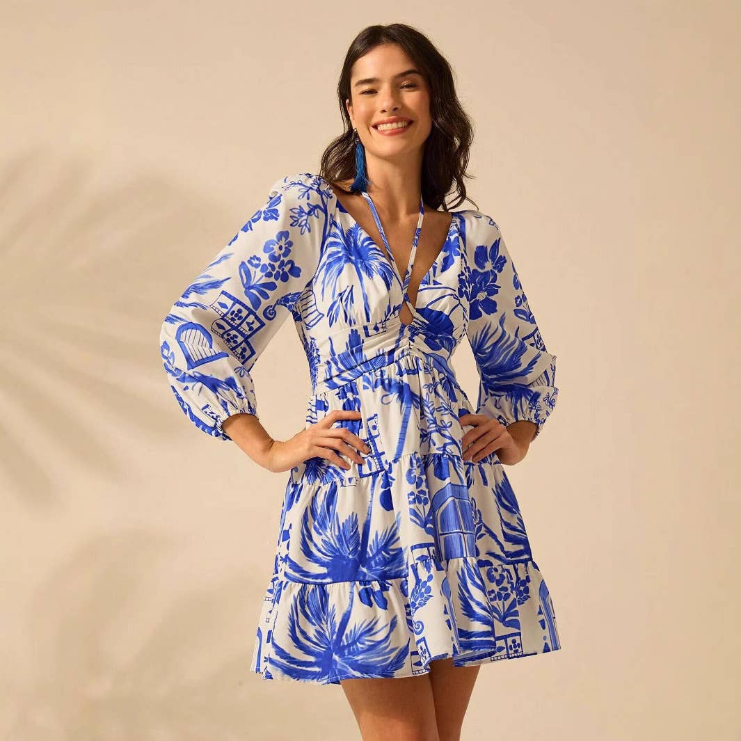 V-neck cinched waist lantern sleeve lace-up dress