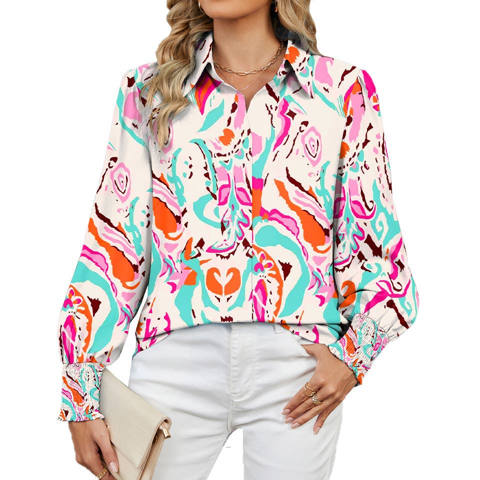 LAPEL FLORAL PRINT CASUAL LONG-SLEEVED SHIRT