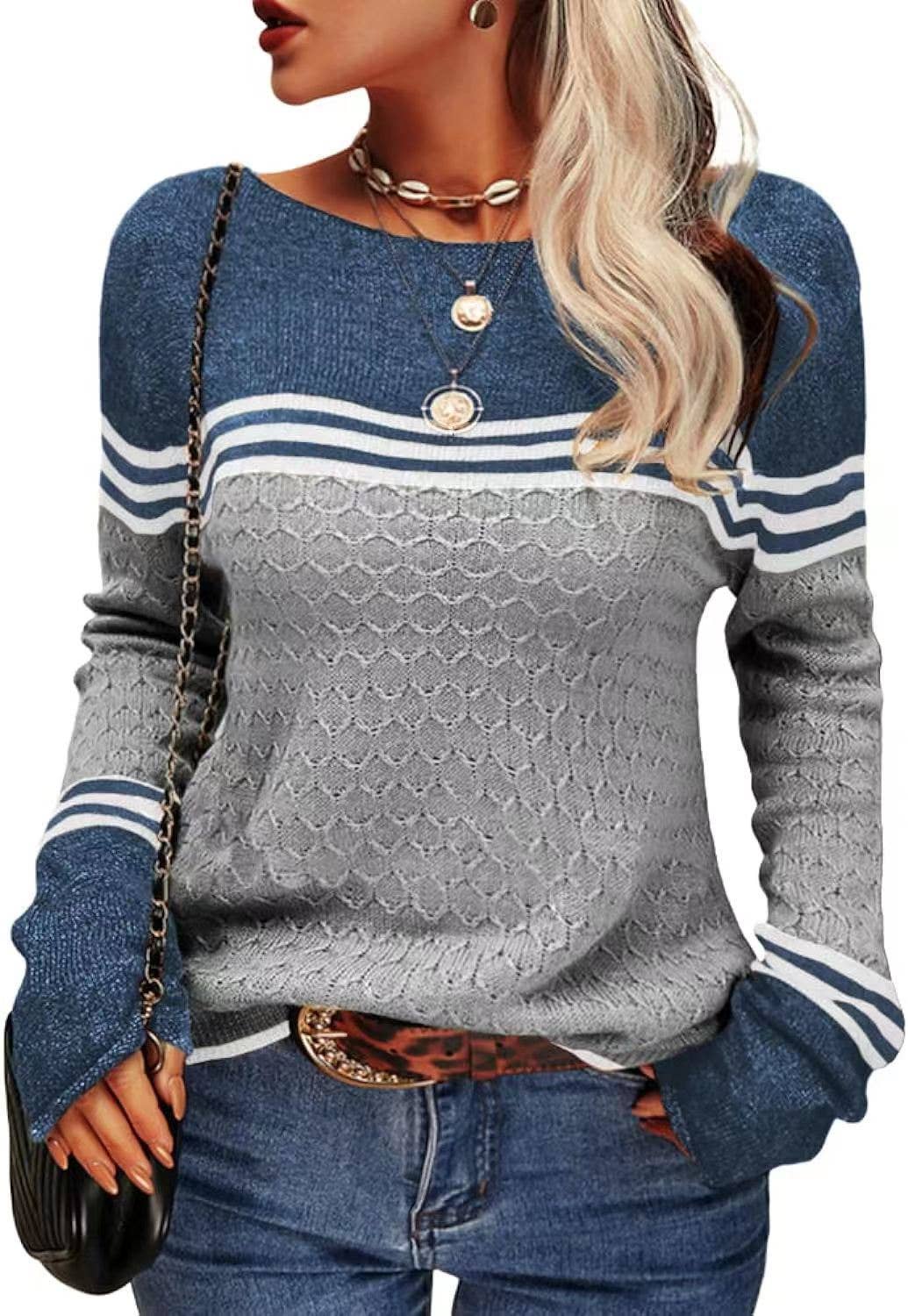 STYLISH CREW-NECK SWEATER WITH STRIPES AND COLORS