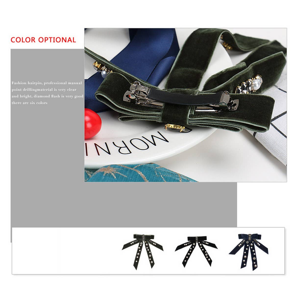 VELVET BOW PERSONALIZED DIAMOND PEARL HAIRPIN