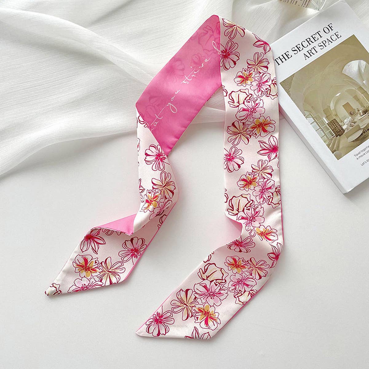 Pink Floral Skinny Scarf ??Hair Tie & Bag Ribbon_CWASC0708