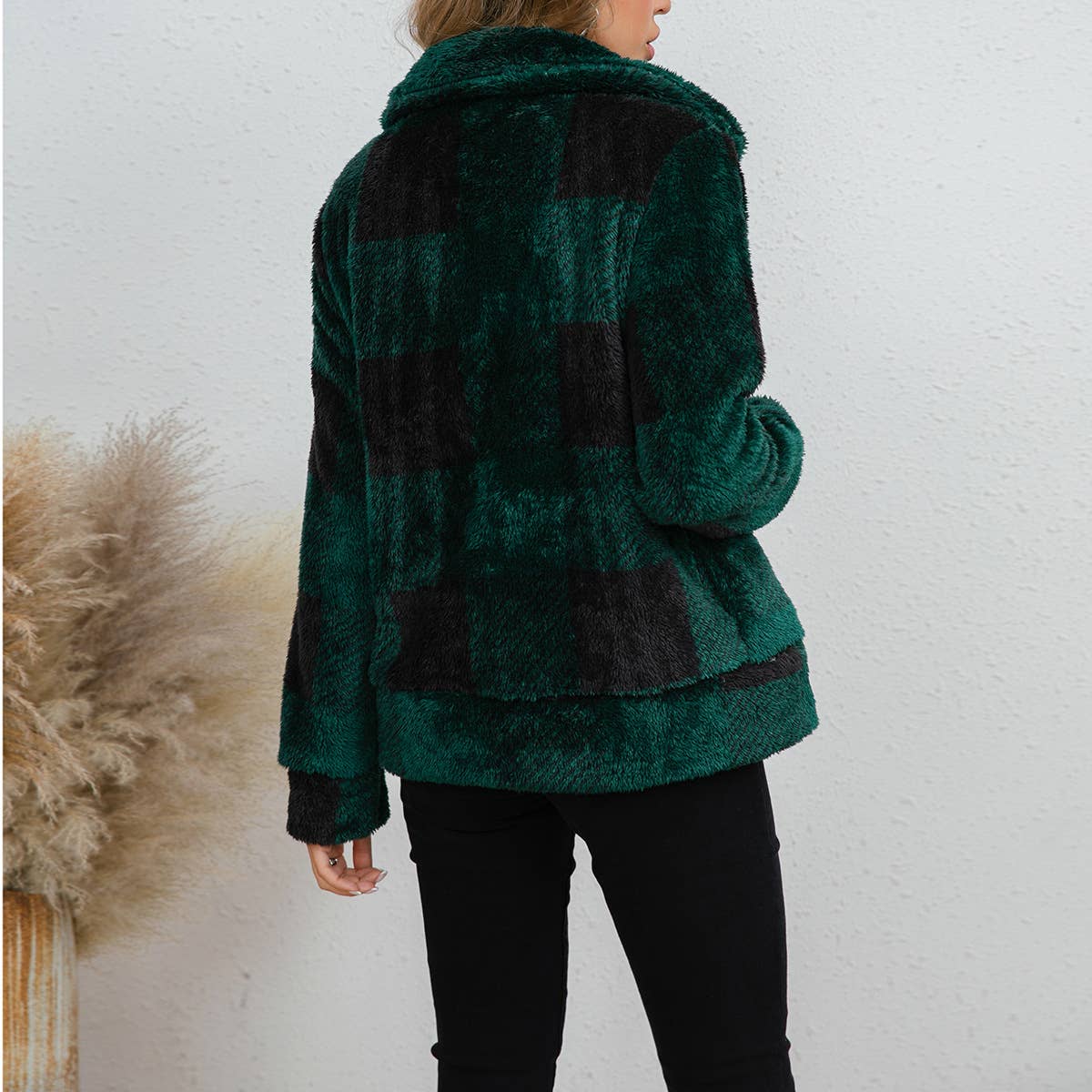 LAPEL LONG SLEEVE BAGGY CASHMERE PLAID JACKET