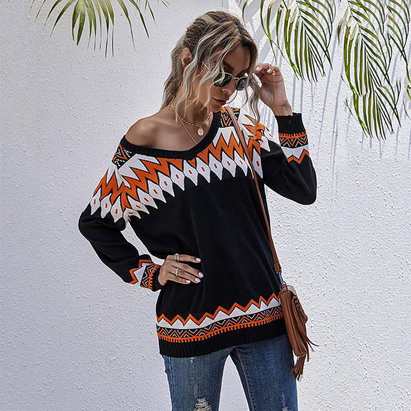 V-neck loose casual contrasting color sweater
