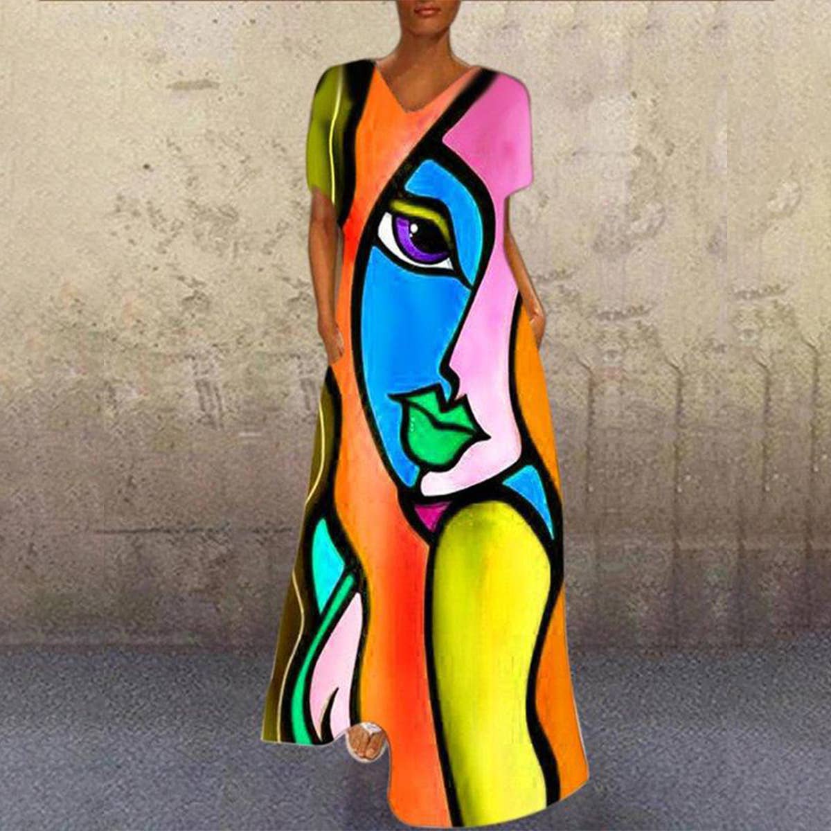 PRINTED V-NECK CASUAL MULTI-COLORED DRESS