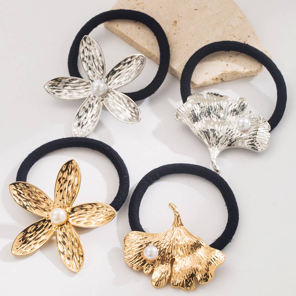 Metal Ginkgo Leaf Hair Tie with Pearl Accent