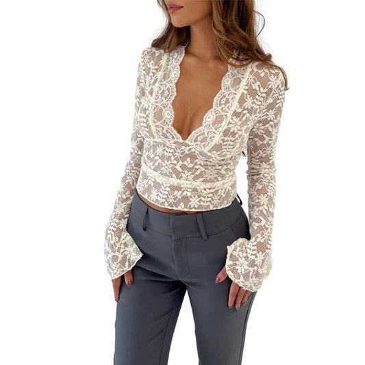 Solid Color Sexy Fitted Lace Long Sleeve Top