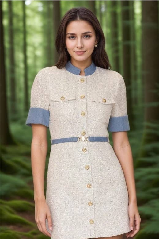 CWDSD8815_ELEGANT COLORBLOCK BUTTONED BELTED MIDI DRESS